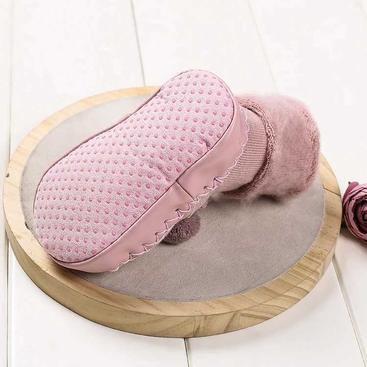 Winter Thick Warm 0-24 Months Cute Double Puff Baby First Step Walker PU Leather Home Socks Shoes Children Soft Sole M240827