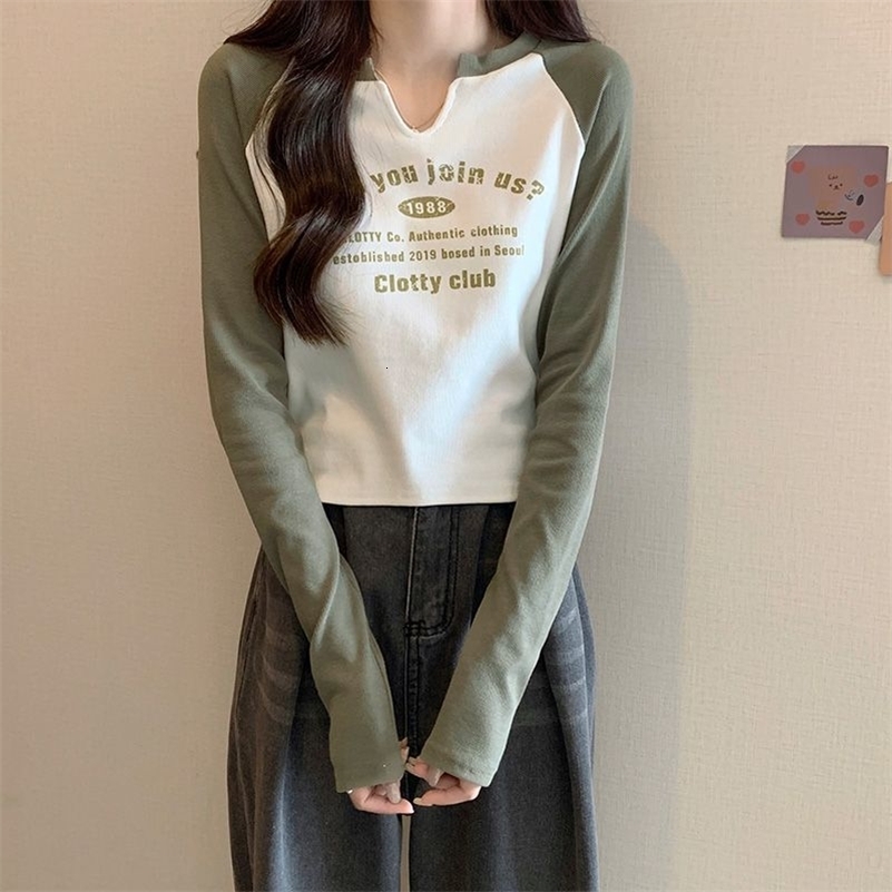 Autumn casual Korean patch work V-neck long sleeved T-shirt womens clothing simple letter slim fit top womens fully matched T-shirt 240826