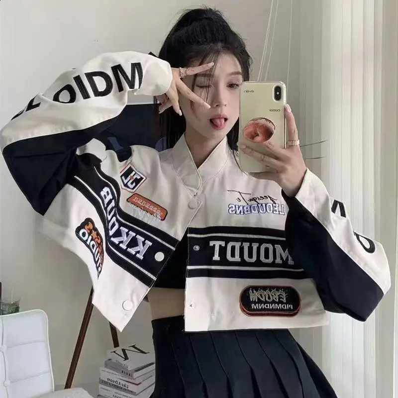 Womens Casual Short Jacket with Zippers Retro Loose Baseball Jacket for Autumn Detachable Moto Coat Embroidered Letters 240827