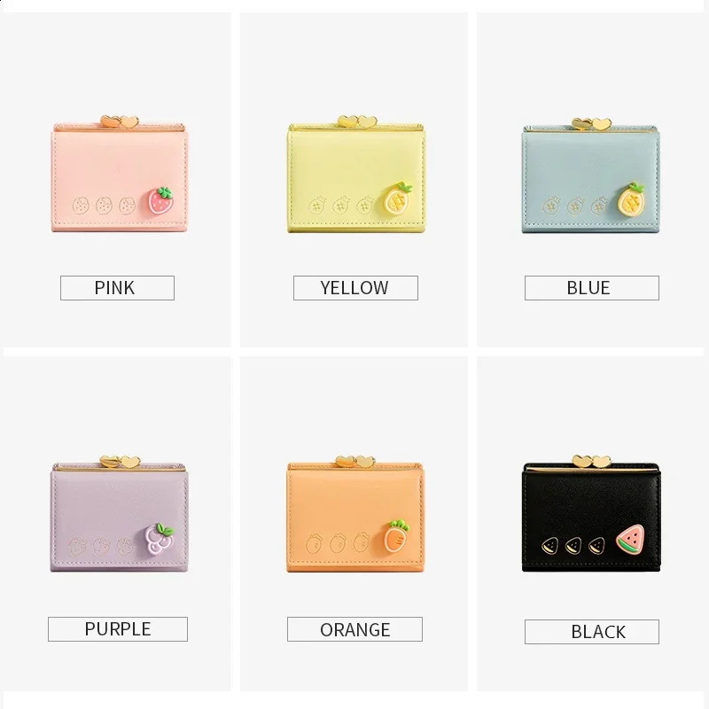 Cute small leather pocket wallet womens fruit printed double fold coin mini currency card clip clutch bag 240827