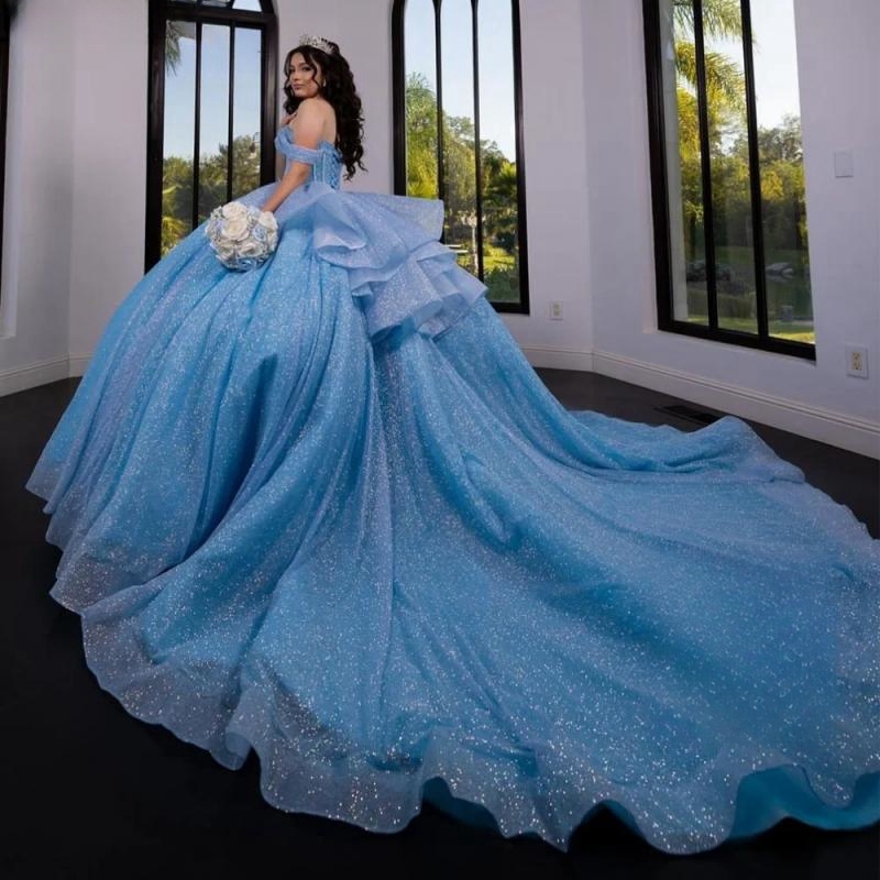 Shiny Off The Shoulder Quinceanera Dresses Ball Gowns Princess Pearl Beaded Tull Birthday Party Sweet 16 Dress Vestidos De 15 Anos