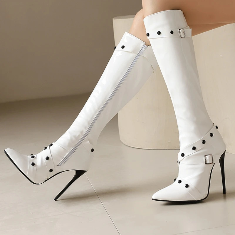 Womens knee high boots sexy toes autumn and winter shoes black and white high-heeled boots womens party dance shoes large size 45 240827