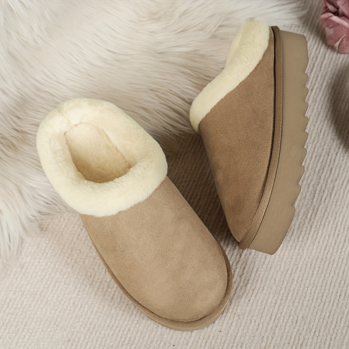 Solid Color Warm Home Slippers, Slip On Platform Lined Non-slip Shoes, Winter Comfy Plush Fuzzy Shoes