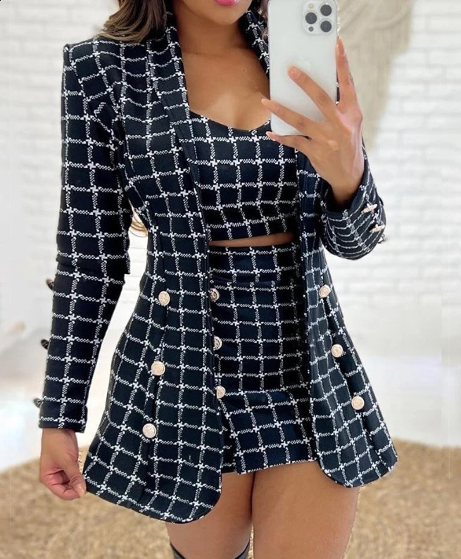 Elegant 3Pcs Plaid Print Blazer Coat Skirt Set with Crop Top Autumn Winter Spring Fashion Casual Female Suit 240826