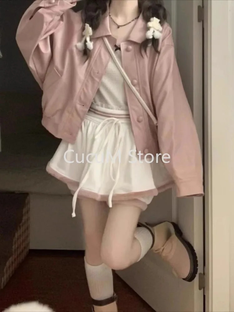 Korean fashion bra PU leather jacket womens coat retro loose n version jacket sweetheart spicy 240827