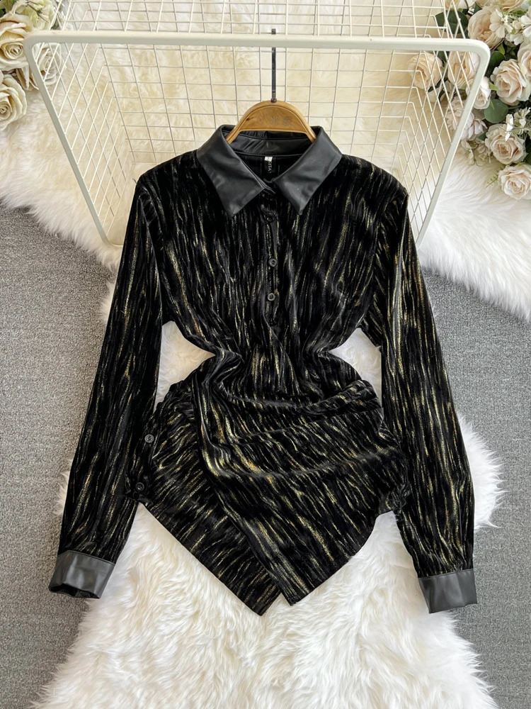 Spring and autumn fashion long sleeved polo neck ultra-thin slim fit irregular hem shiny silk shirt womens top Y2k 240827