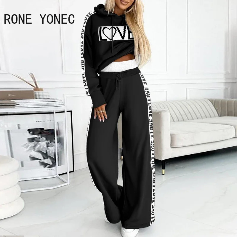 Geometric Print Colorblok Hoodie Wide Leg Pant Set Women Two Pieces Sets 240826