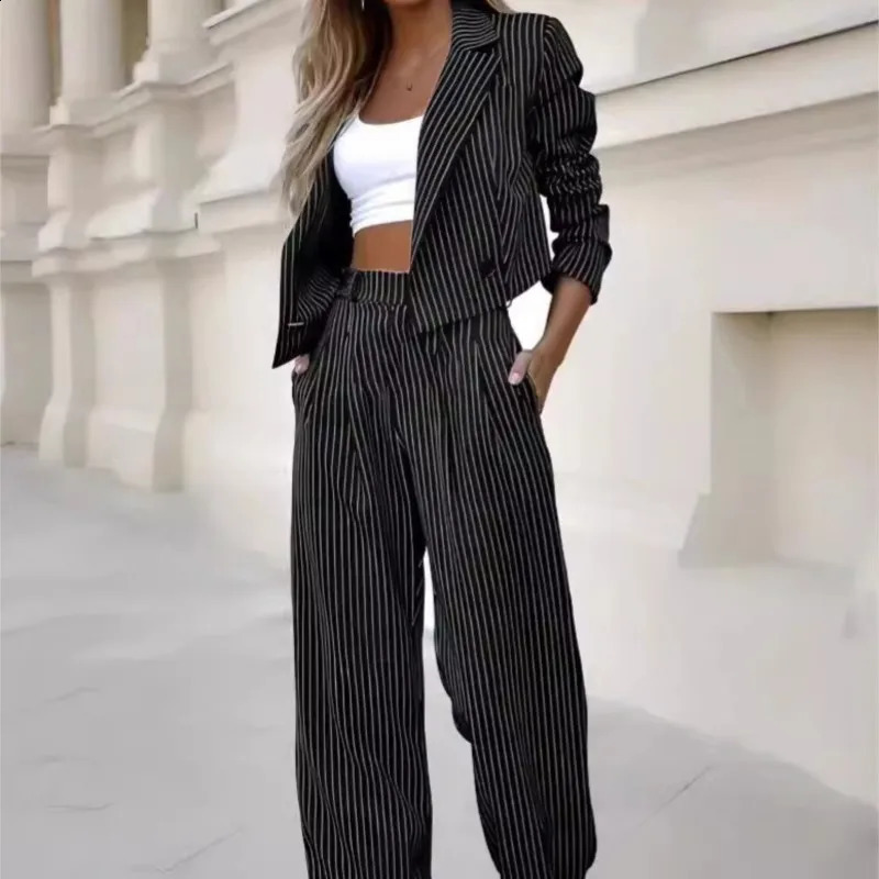 Womens Pant Suits Long Sleeve Striped Blazer Straight Leg Pants Suit Elegant Fashion Street Ladies Office Work Formal 240826