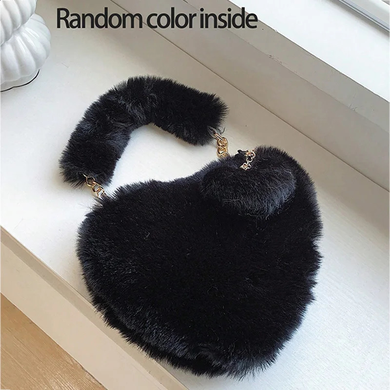Faux Fur Heartshaped Women Small Handbags Fluffy Plush Ladies Chain Shoulder Bag Fashion Female Furry Daily Clutch Purse 240826Z