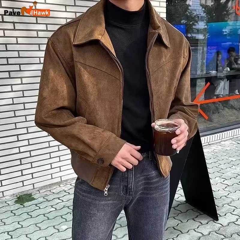 Brown suede retro mens jacket Spring and Autumn high-end solid loose lapel zipper short sleeved jacket retro T-shirt bomber jacket X2410231