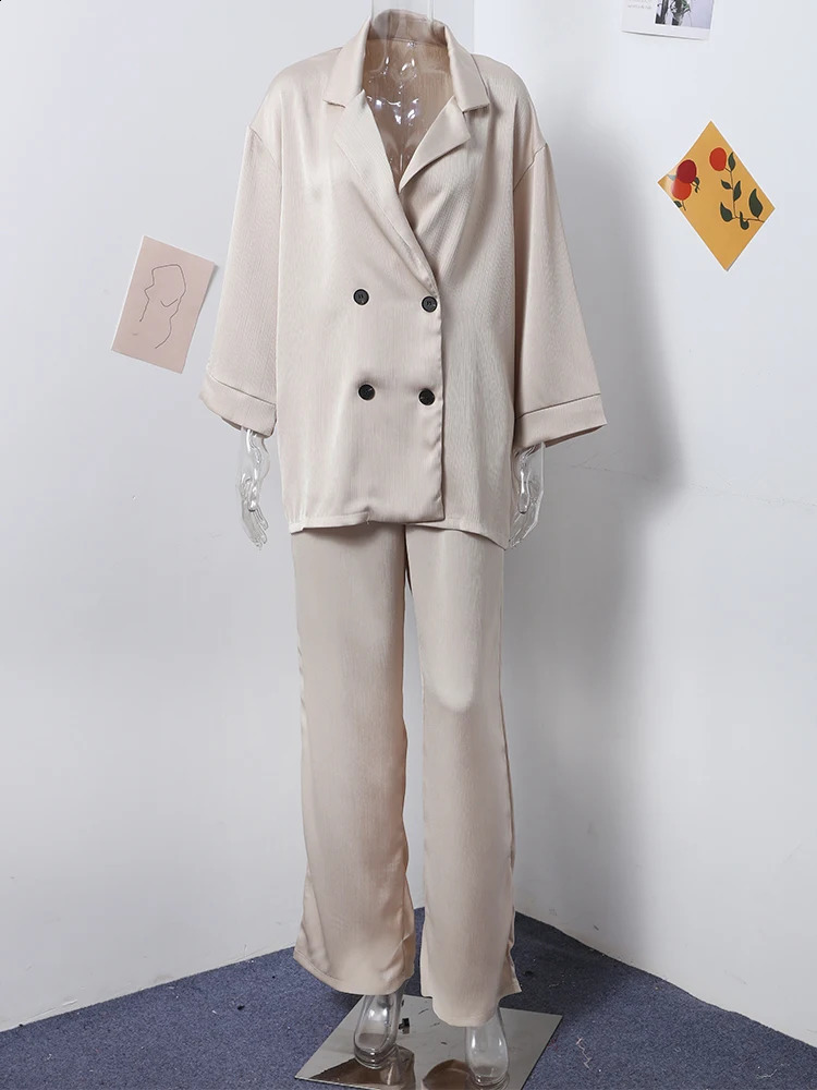 Casual Wrinkled Blazer Coat Pants Set Women Solid Loose Long Sleeve Double Breasted Top Wide Leg Trousers Lady Elegant Suit 240826