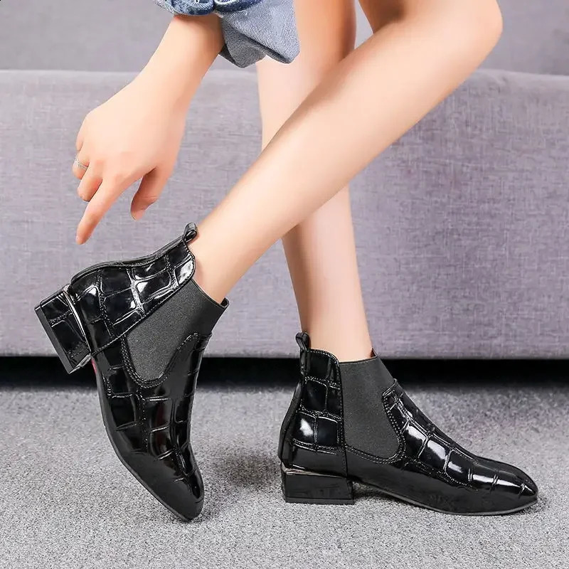 Chic Women Boots Shiny Pu Leather Autumn Winter Shoes Spuare Toe Block Heels Ankle Boots Female Botas Zapatos Mujer 240826