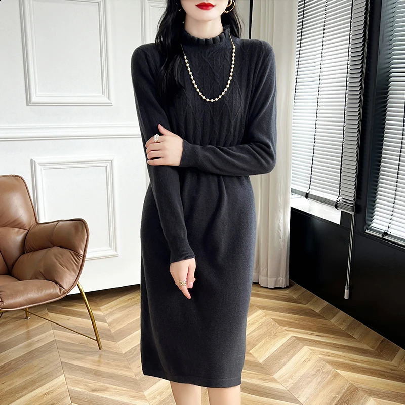 Autumn and Winter Temperature Ear Fungal Collar 100% Pure Wool Knitted Dress Womens Coat Slim Fit Medium Long Hair 240826