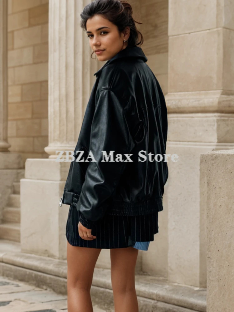 ZBZA Womens Artificial Leather Bomber Jacket with Collar Long Sleeve Zipper Pocket Elastic Hemp Coat Womens Fashion Coat 240827