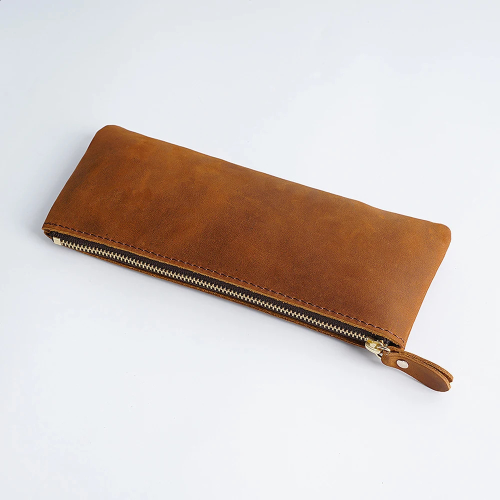 Vintage Genuine Leather Zippered Pencil Case Cowhide Stationery Organizer Pen Holder Writing Utensil Pouch Travel Accessory Bag 240826