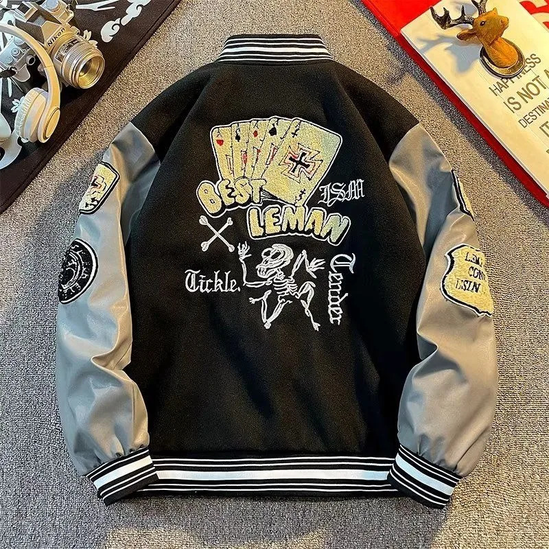 Y2K Harajuku Style Fashion Vintage Baseball Uniform Woolen Coat Men American High Street Retro Couple Stitching Jacket Women 240827