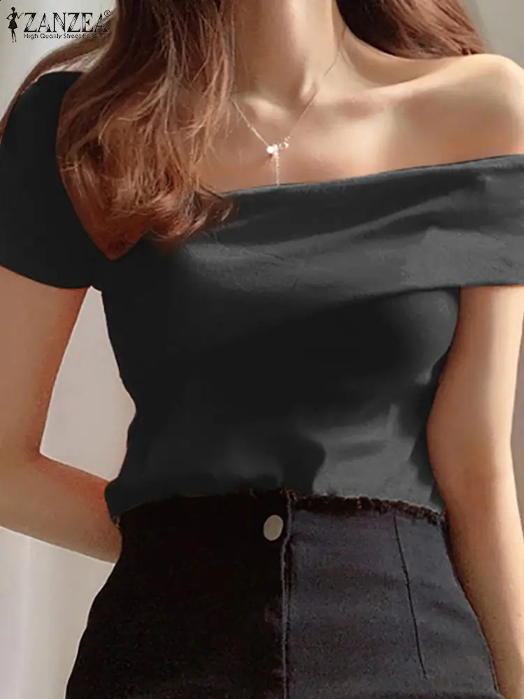 Off Shoulder Blouse Women Short Sleeve Tight Shirt ZANZEA Korean Fashion Solid Tunic Tops Y2k Slim Sexy Blouse Streetwear Blusas 240827