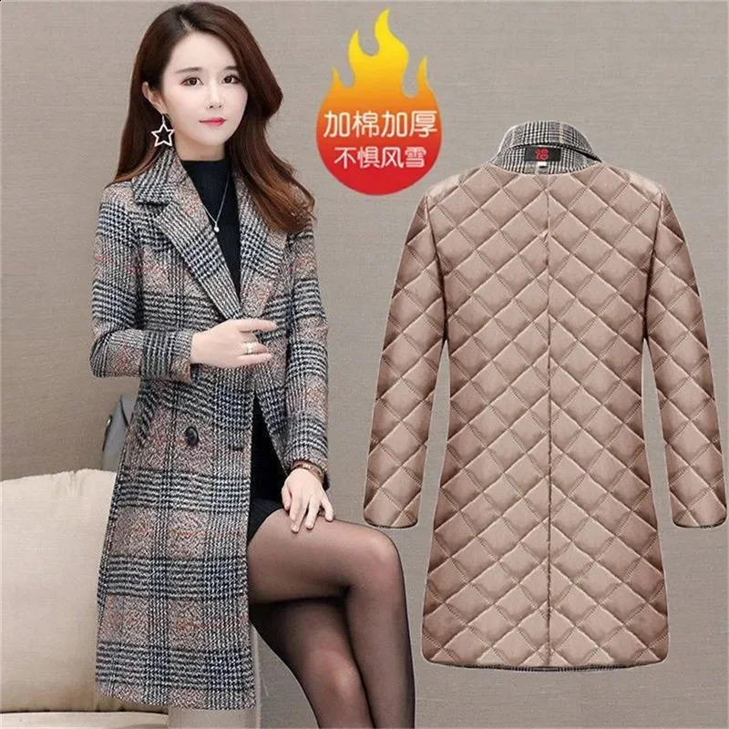 Velvet wool coat womens medium long slim fit plain weave trench Korean version autumnwinter jacket 240826