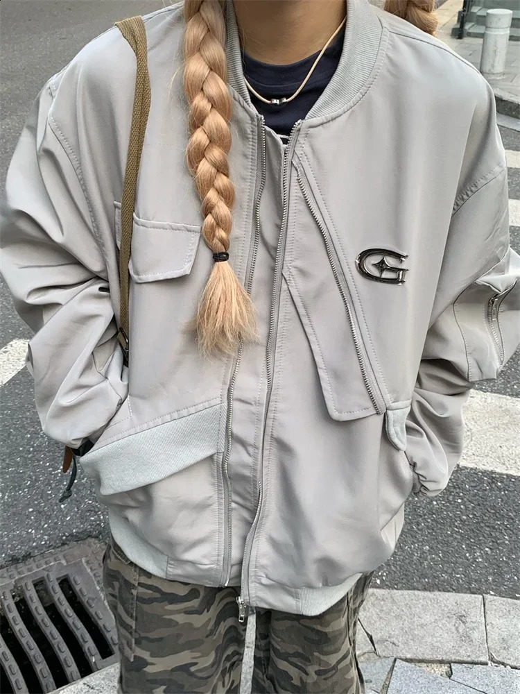 QWEEK Cyber Y2K Grey Bomber Jacket Womens Retro Street Clothing Oversized Harajuku Egirl 90s Black 240826
