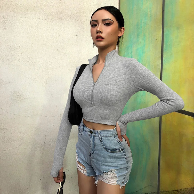 Casual Zipper Knitted Sweater Cutting Top Elegant Womens Turtle Neck Long Sleeve Zipper Spring/Summer Club T-shirt 20292P 240827