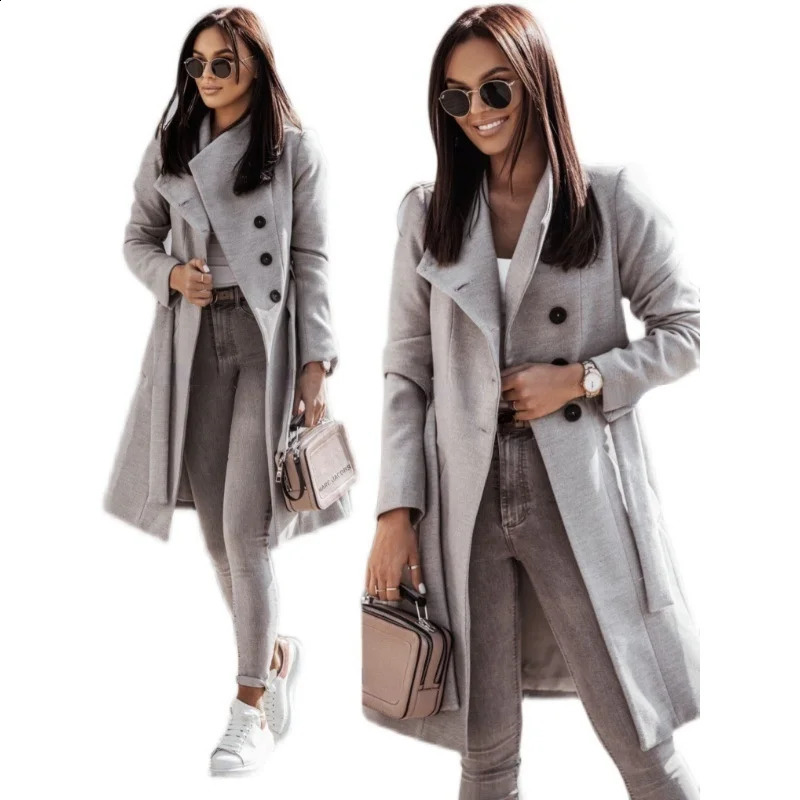 Casual wool coat womens autumn and winter fashion item lapel long sleeved button jacket office with belt 240826