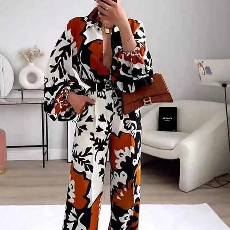 Fashions Printed Two Piece Set Women Autumn Pant Sets Lapel Long Sleeve Shirts High Waist Wide Leg Pants Suits Casual 240826