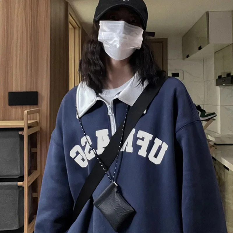 Polo collar hooded sweatshirt with letter printing for women thick autumn retro womens hooded sweatshirt casual long sleeved oversized top 240827