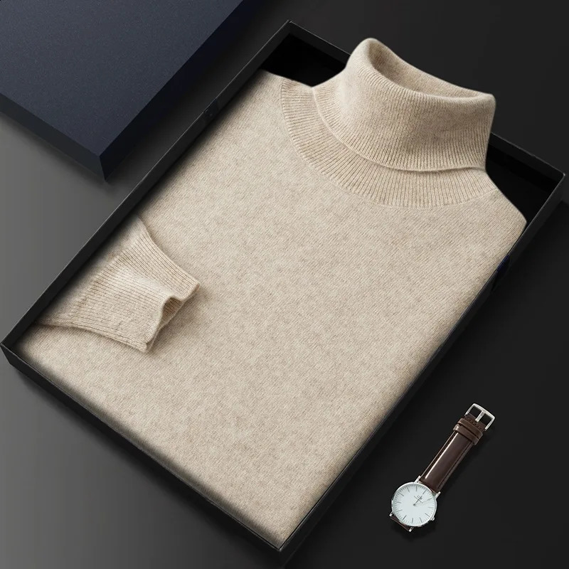 100% Cashmere Turtleneck Men Pullovers Autumn Winter Soft Light Warm Rolled Neck Jumper Pull Homme Knitted Sweater 240826