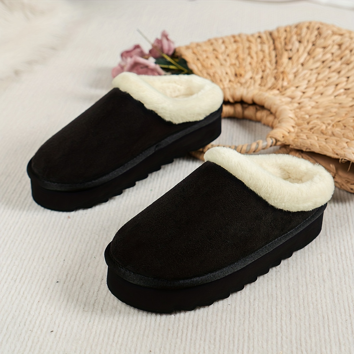Solid Color Warm Home Slippers, Slip On Platform Lined Non-slip Shoes, Winter Comfy Plush Fuzzy Shoes