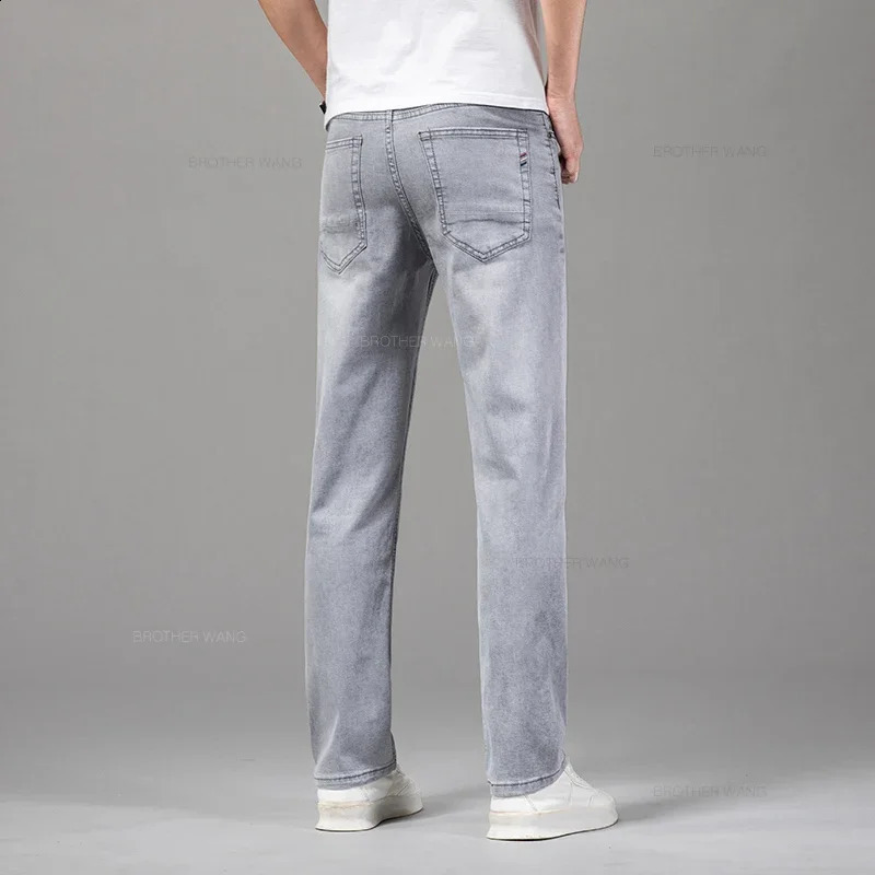 Summer Thin Mens Elastic Cotton Jeans Fashion Gray Comfortable Business Straight Casual Pants Male Clothes Trousers 240826