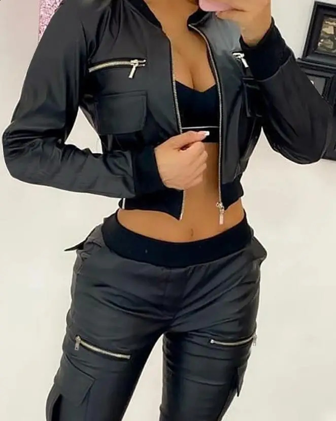 Womens Jakcets Y2K Pu leather zipper pocket n long sleeved O-neck jacket fashionable streetwear version cardigan jacket 240827
