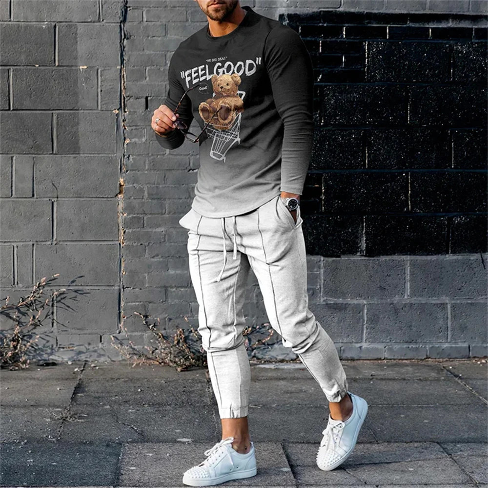 Autumn retro ethnic style 3D printed mens sportswear set long sleeved T-shirt pants 2-piece set oversized floral mens clothing 240827