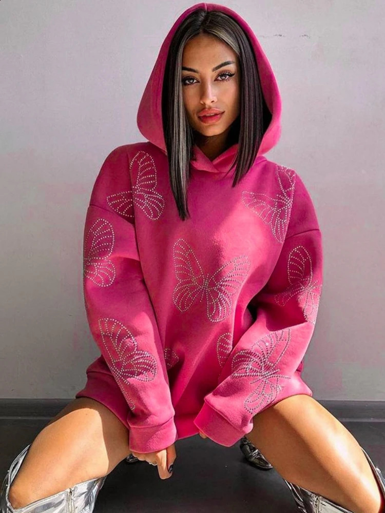 Butterfly Drilling Hoodies Casual Streetwear Women Long Sleeve Sweatshirt Loose Aesthetic Clothes Pullover Sudaderas Para Mujer 240827