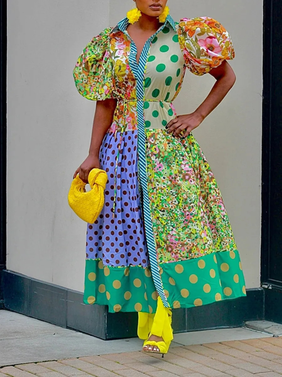 LW Plus Size Puff Sleve Mixed Print A Line Dress Women Summer Vintage Short Sleeve Turndown Collar Ankel length Maxi Dress 240827