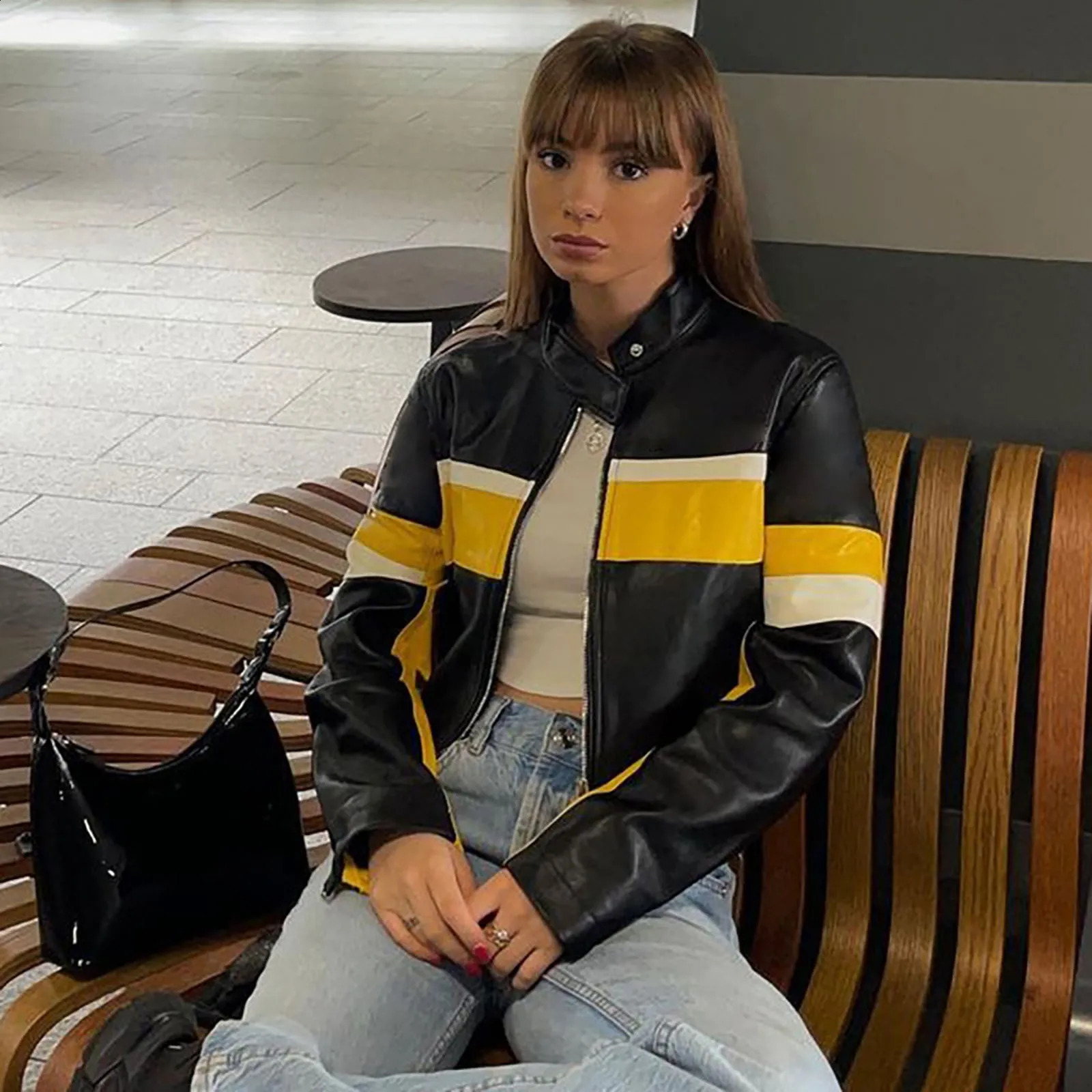 Womens jacket fashionable dress womens motorcycle style comparison cool leather upright zipper 240827