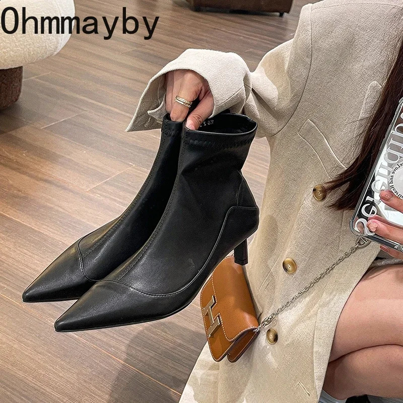 Pointed Toe womens elastic short boots fashionable and slim fit ankle boots thin high heels autumn womens shoes 240827