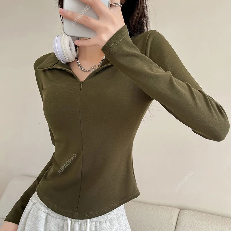 spring and summer ultra-thin long sleeved T-shirt for womens black spicy cotton zipper lapel polo neck top S-L 240827