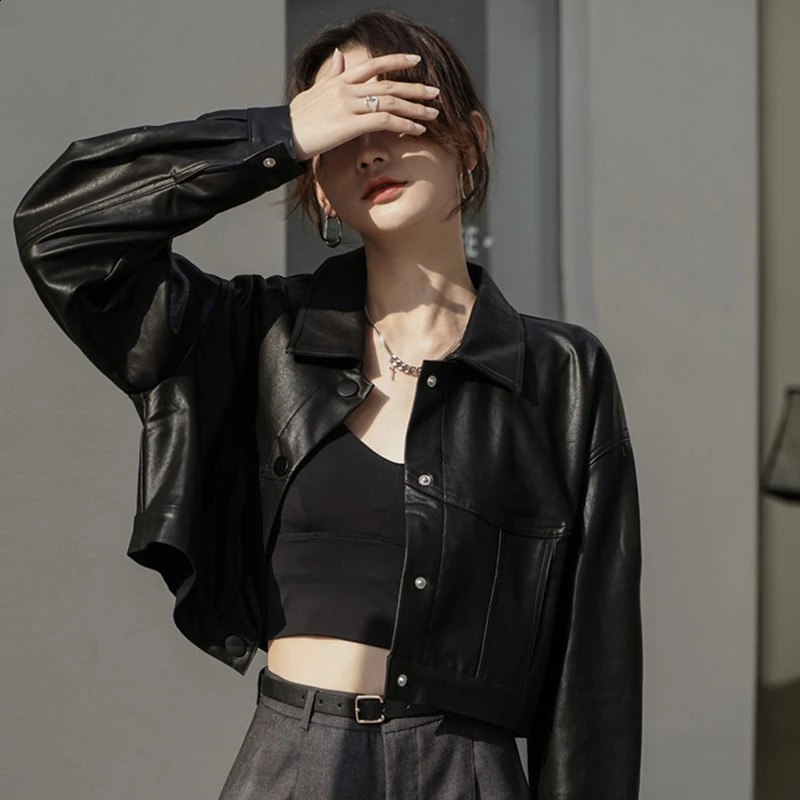 HELIAR womens PU leather jacket motorcycle cool jacket long sleeved single chest street clothing cardigan wool sweater solid short top for autumn and 