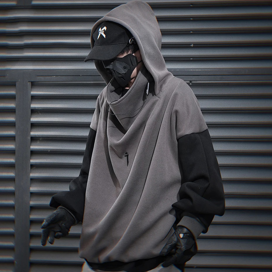 Mens Techwear Hoodie Black Grey Patched Work Sweater Oversized Harajuku Hip Hop Pullout 240826