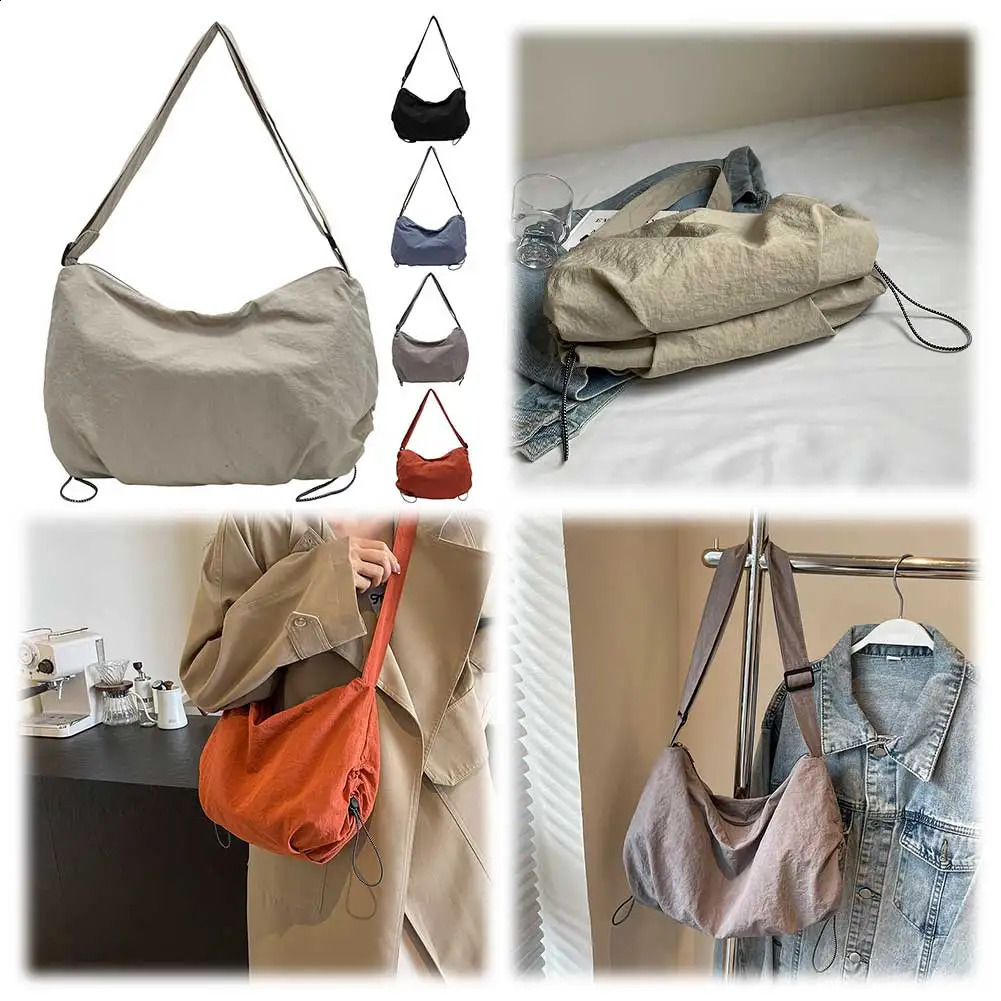 Casual Nylon Hobo Bag Large Capacity Underarm Bag Zipper Travel Sling Bag with Adjustable Strap W/Drawstring for Women Daily Use 240826
