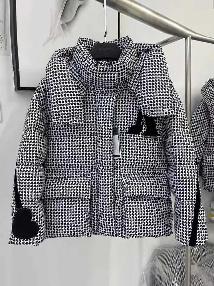 European Station Houndstooth Hooded Fluffy Coat Womens Winter Coat Warm Coat White Duck Coat Warm Coat Womens Coat CL240827