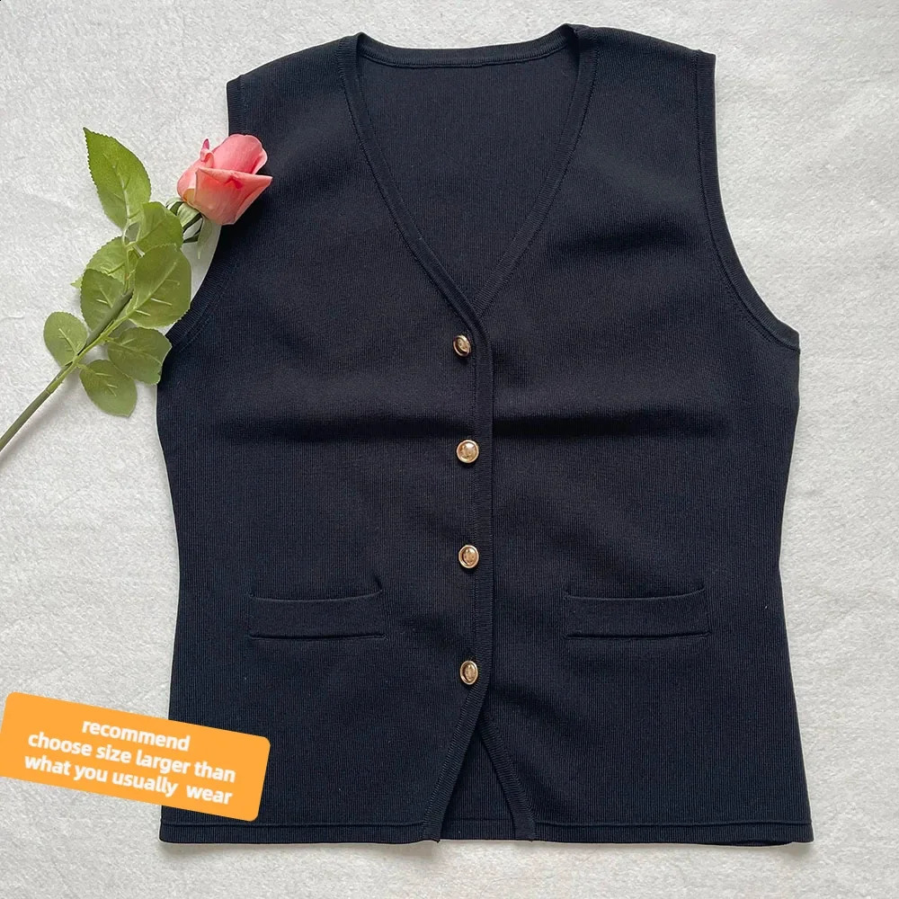 Summer Old Money Top Women Chic France Stylish Vneck Knitted Vest Solid Color Elegant Tops 2024 Waistcoat Minimal Style 240826