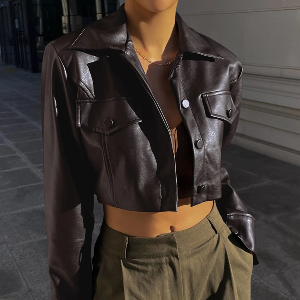 Autumn and winter selling womens sexy crops exposed motorcycle set womens leather jacket 240827