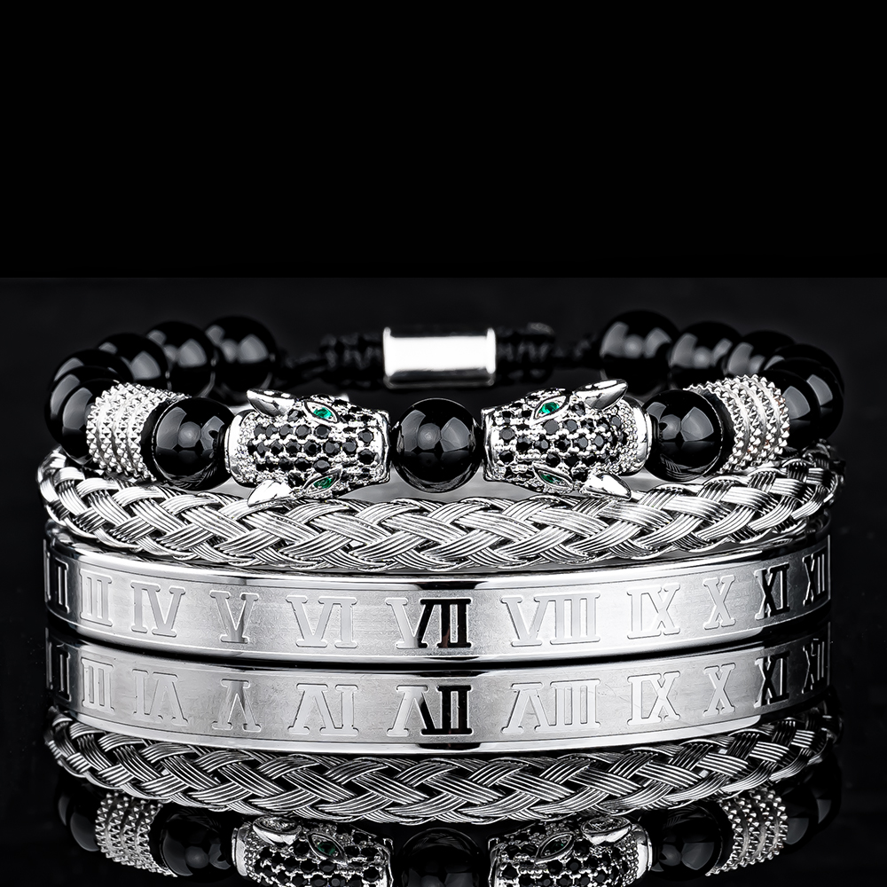 3PCS Mens Premium Black Agate Beaded Bracelet Set - Double Leopard Head, Roman Numerals, Adjustable Braided Design Bracelets Men Bracelets