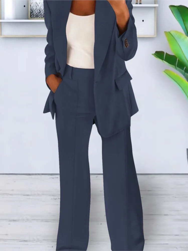 Autumn Winter Solid Color Blazer Women Long Sleeve Suit Simple Casual Pocket Fashion Temperament Female Office Pants 2 Piece Set 240826