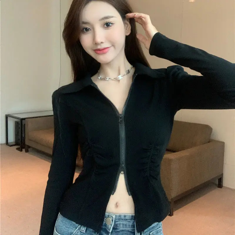 Double zipper jacket womens long sleeved cut jacket short top Y2k clothing ultra-thin street clothing polo neck cardigan 240827