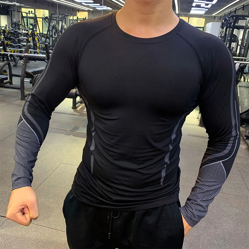 Mens fitness quick drying long sleeved shirt breathable and compact compression Tshirt gym training running 240827