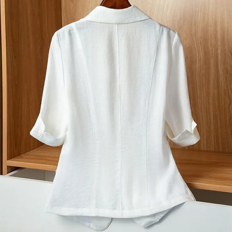 Womens Summer Chiffon Small Suit Fashion Button Pocket Splicing Casual Breathable Versatile Thin Mid Sleeved Tops 240826