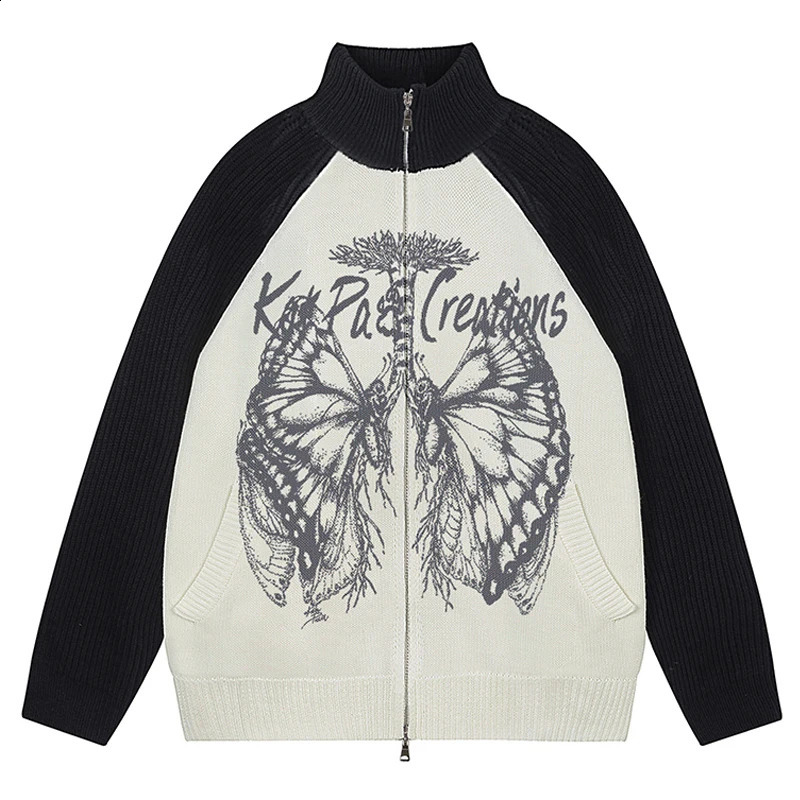 Mens oversized sweater cardigan wool Y2K retro knitted creative print hiphop loose double zipper motorcycle jacket 240826