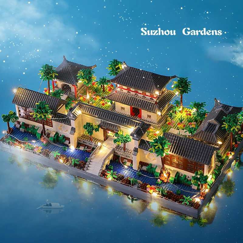 Lezi Architecture Ancient Exhibition Hall Temple Pagoda Lake Garden Door LED Light Model Mini Dia Block Architectural Toys No Box Free shipping